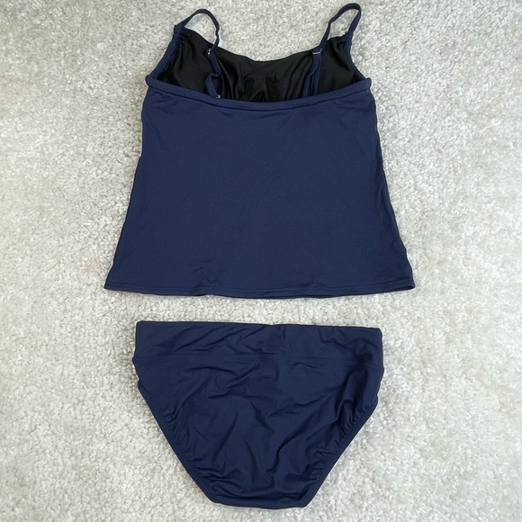 Lands End Tankini Set Navy Blue Sz 8 Cinch Ruched Vacation Beach Cruise Swim - Picture 2 of 15